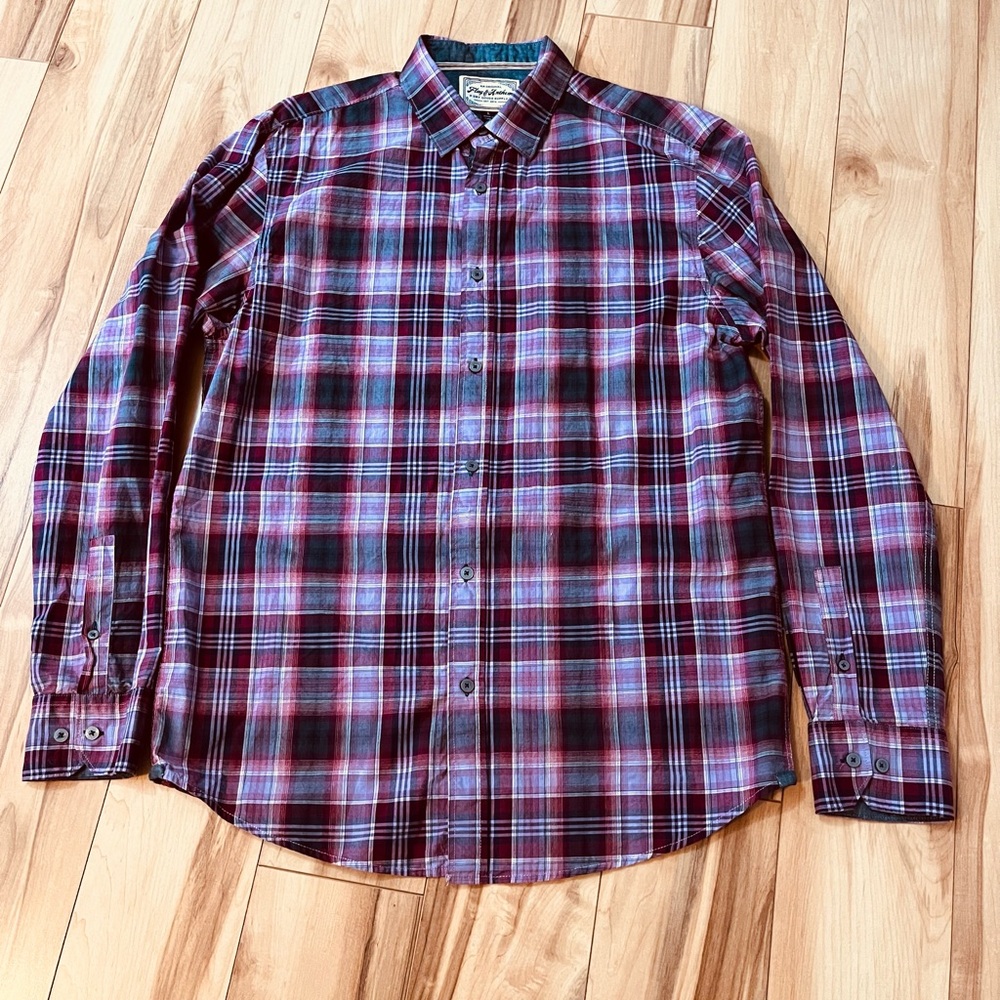 Flag And Anthem Button Up Plaid Shirt Size Large Red Gray Purple Mens Western